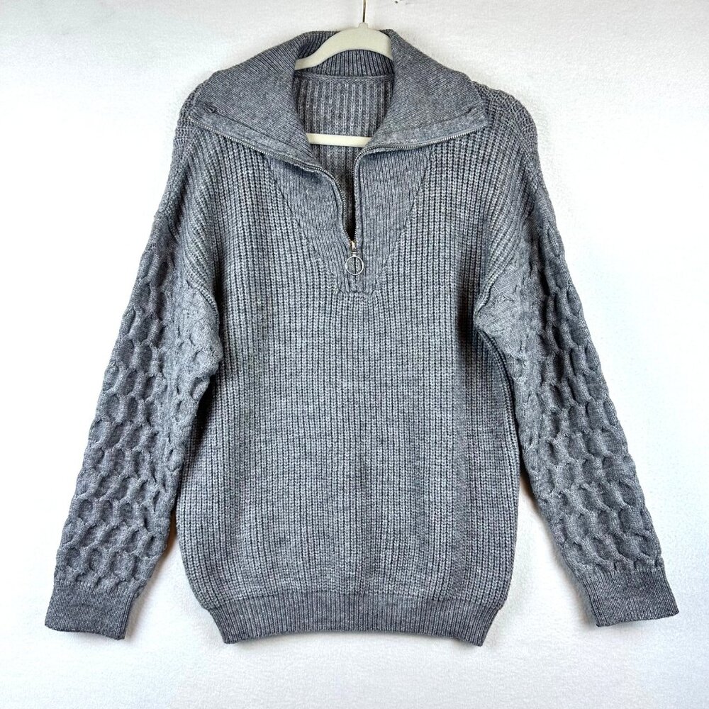 Gray Womens Chunky Knit Quarter Zip Sweater Size M Grandmacore Slouchy Comfy